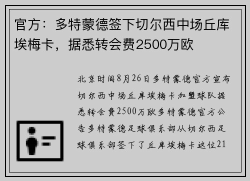 官方：多特蒙德签下切尔西中场丘库埃梅卡，据悉转会费2500万欧